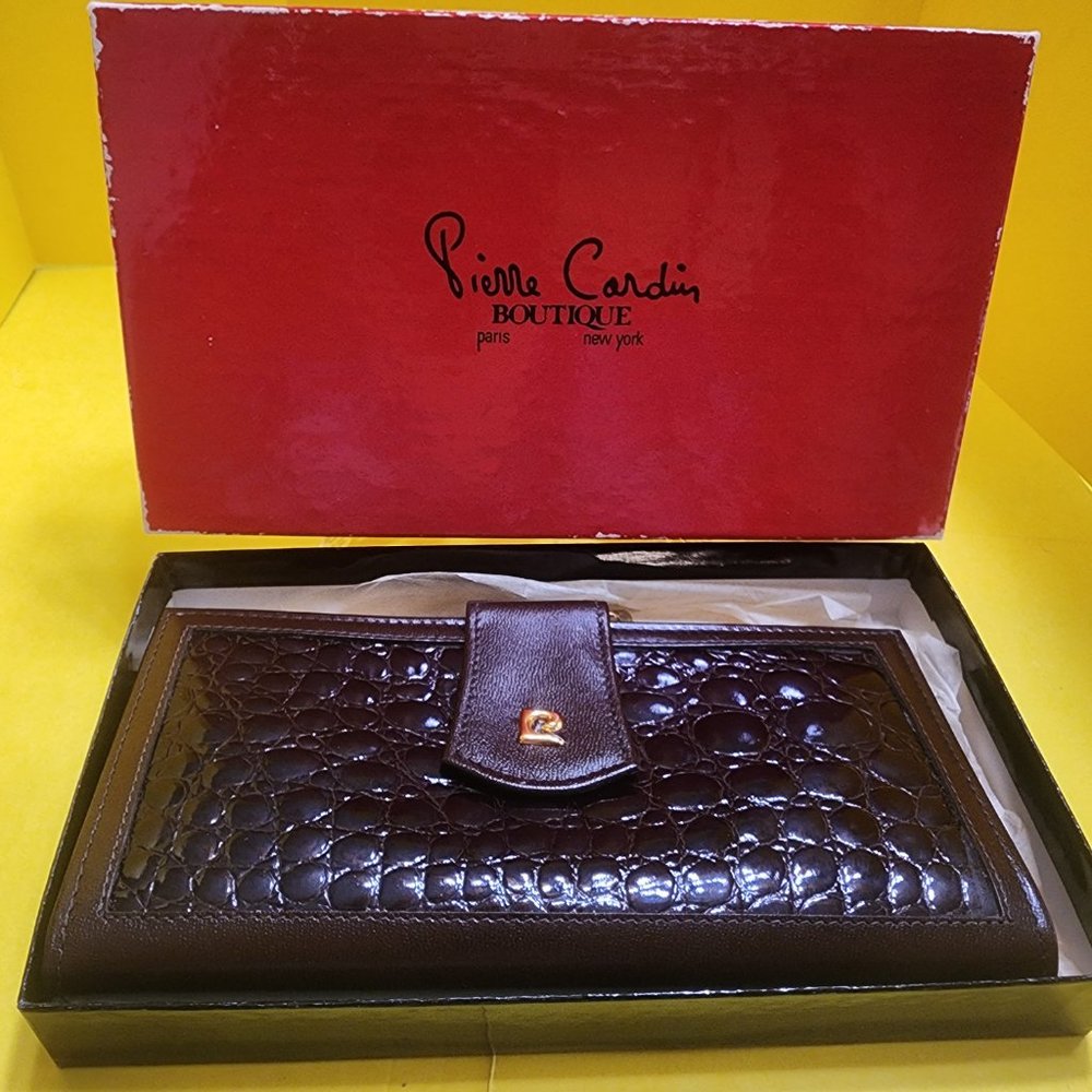 Vintage Brown Pierre Cardin Womens Croc & Calf Skin Wallet - Feminine Classic - Picture 2 of 16